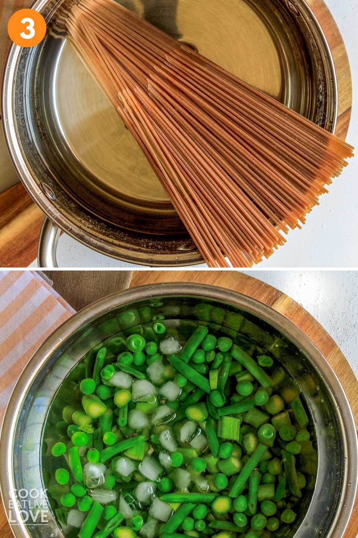  A collage of noodles added to a pot of water and green veggies in ice water.