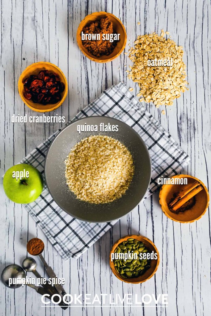 Ingredients to make quinoa flakes porridge with text labels.