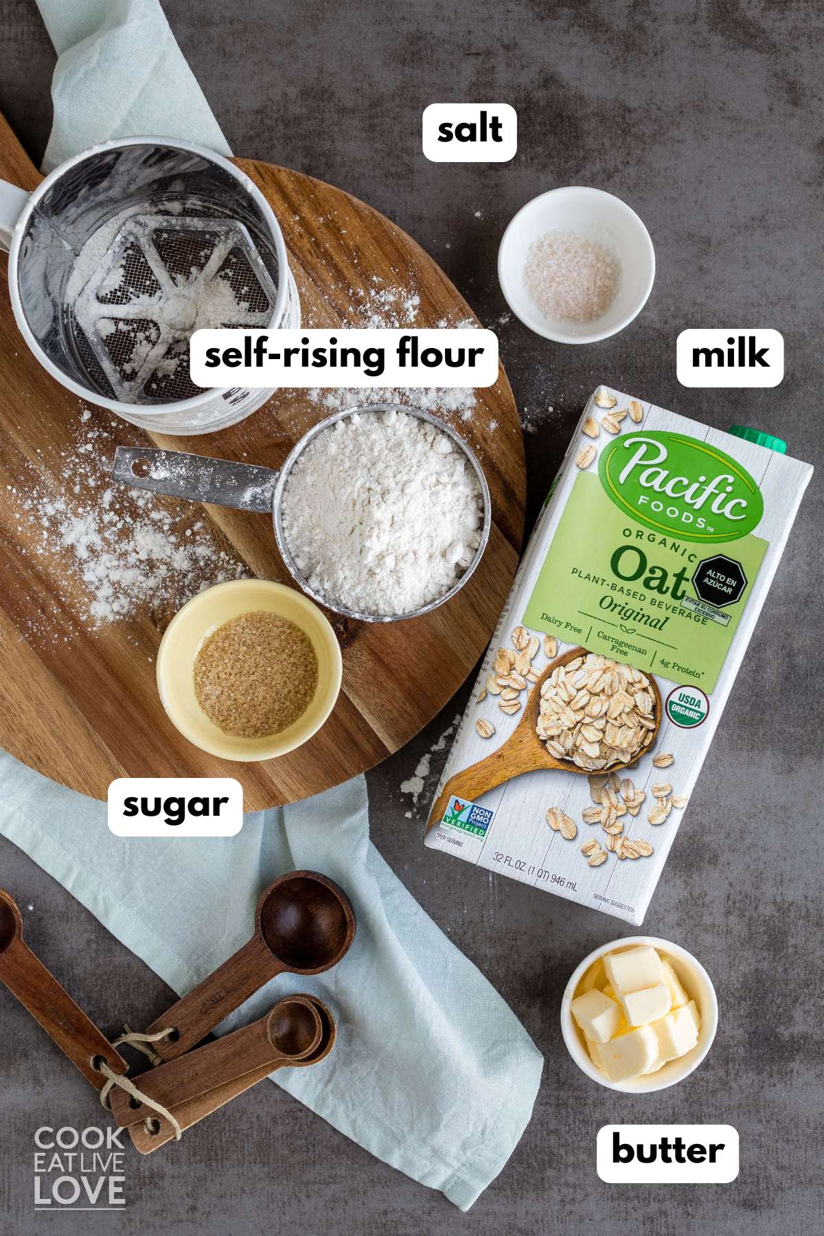 Ingredients to make homemade biscuits in the air fryer on the table.