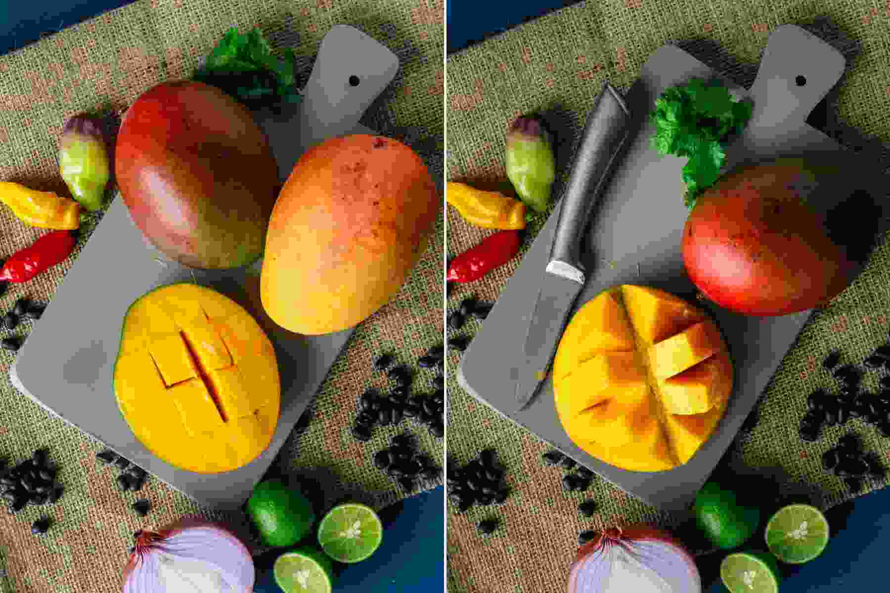 Showing how to cut mango.