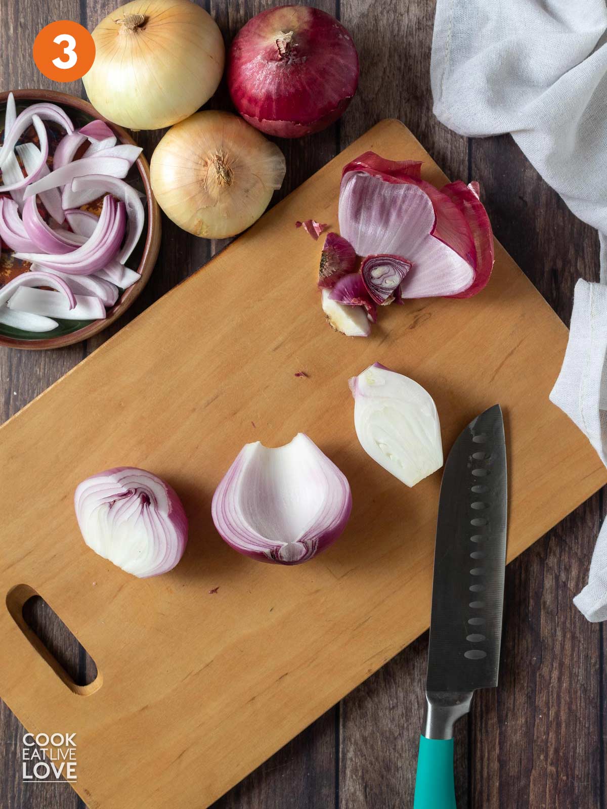 The small core is removed from the center of each half of onion.