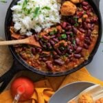 Red beans and rice in a skillet on a table