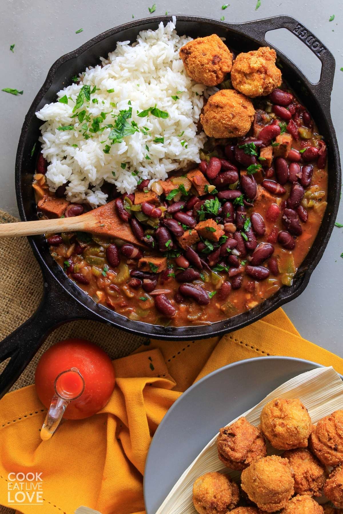 Red beans and rice in a skillet on a table.