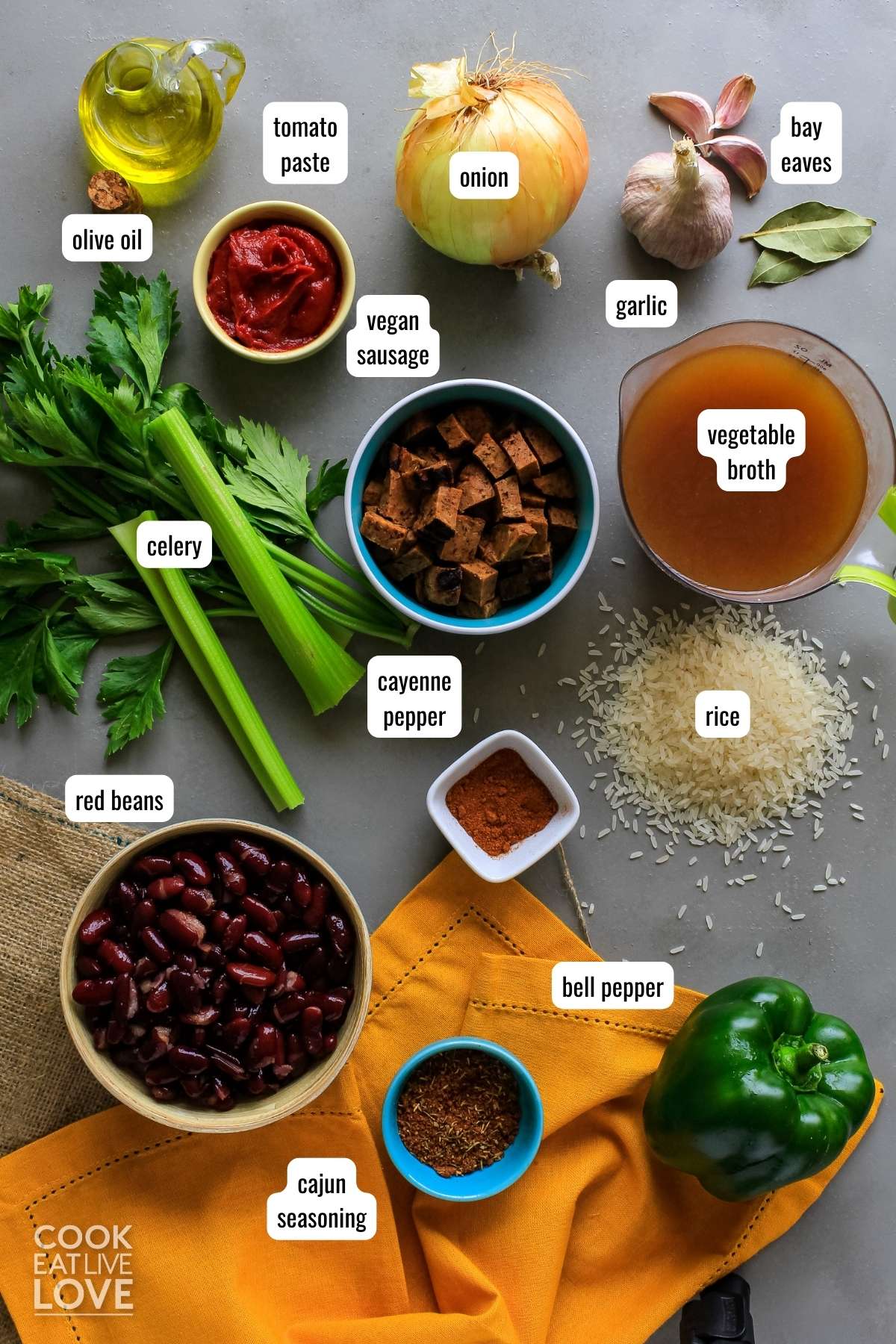 Ingredients to make red beans and rice on table with text labels.