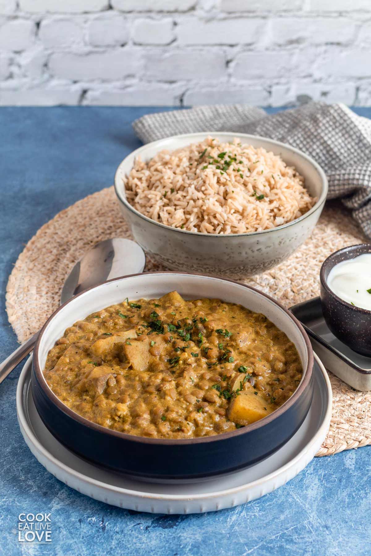 Lentil curry served up in a white bowl on the table.