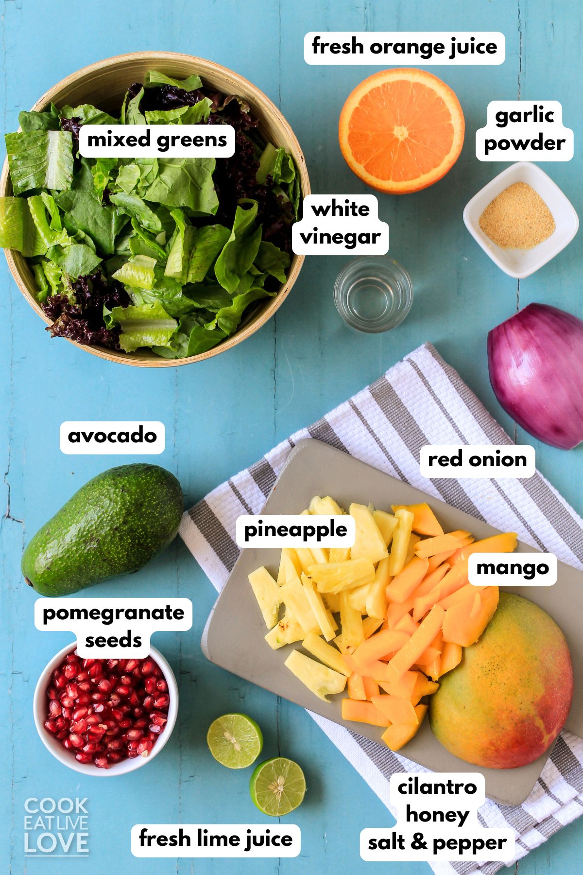 Ingredients to make mango avocado salad with text labels.