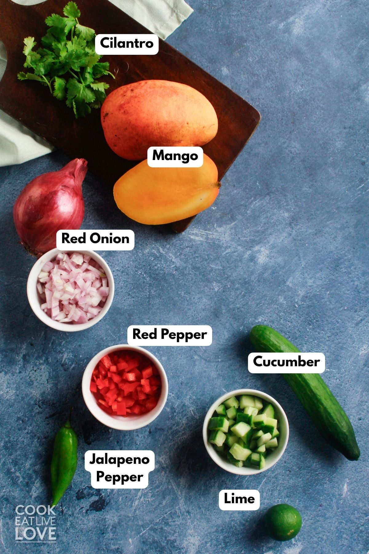 Ingredients to make spicy mango salsa with text labels.