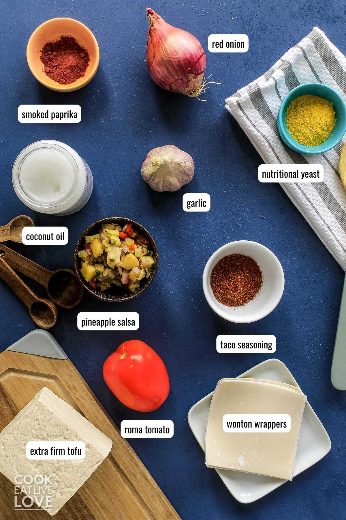 Overhead view of ingredients to make wonton tacos.