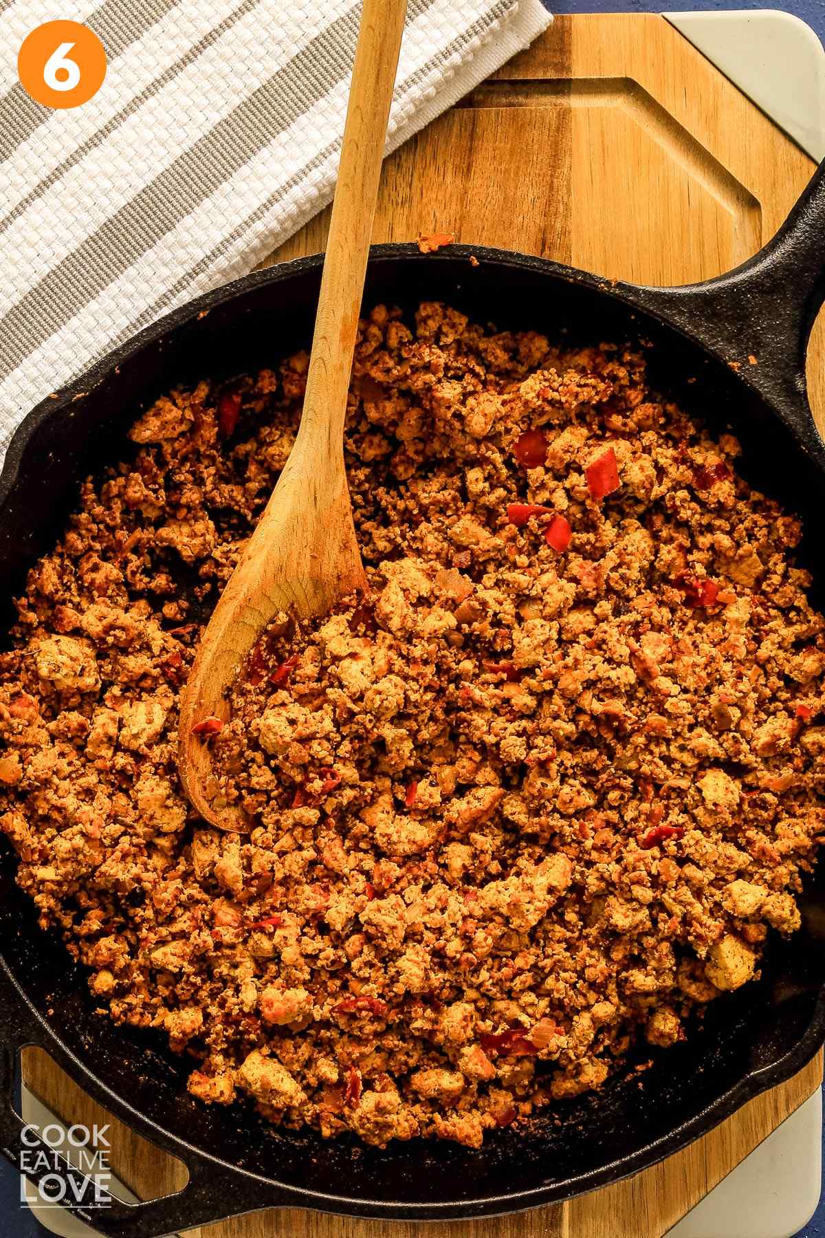 Vegetarian taco filling in skillet cooked and ready to show color and texture.