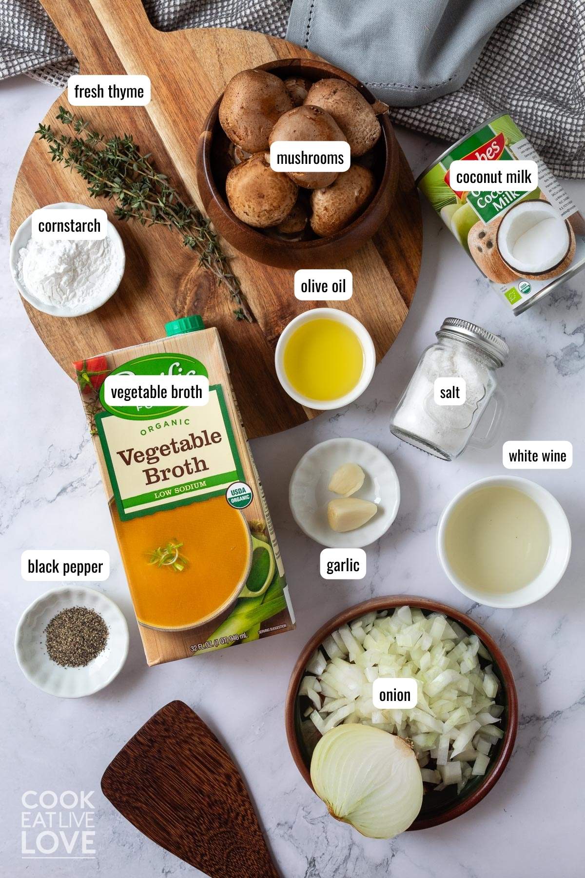 Ingredients to make vegan mushroom sauce on the table with text labels.