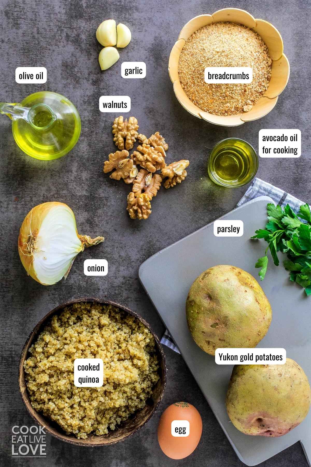 Ingredients needed to make potato quinoa croquettes.