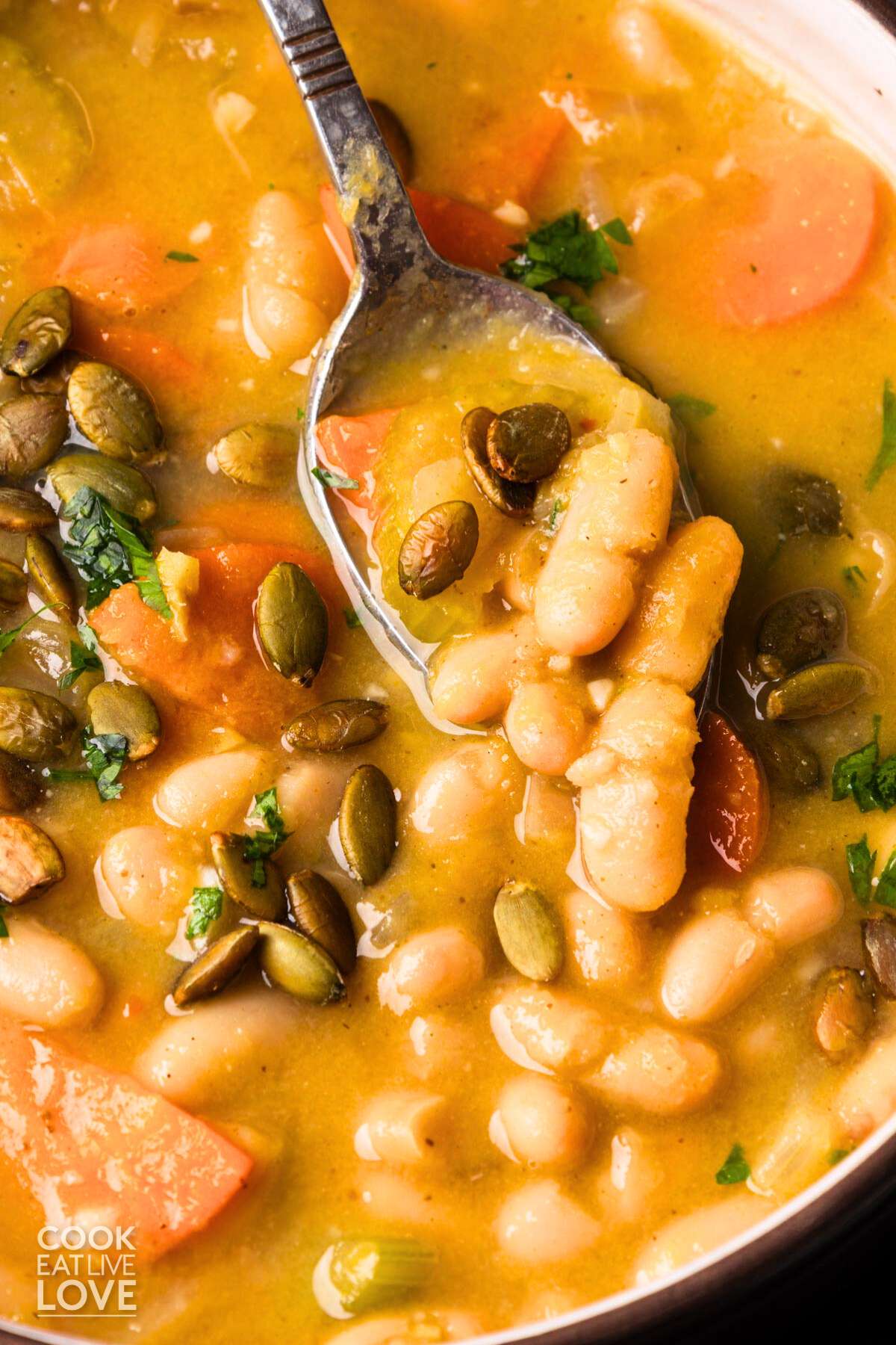 Bowl of white bean pumpkin soup with a spoon scooping up a bite.