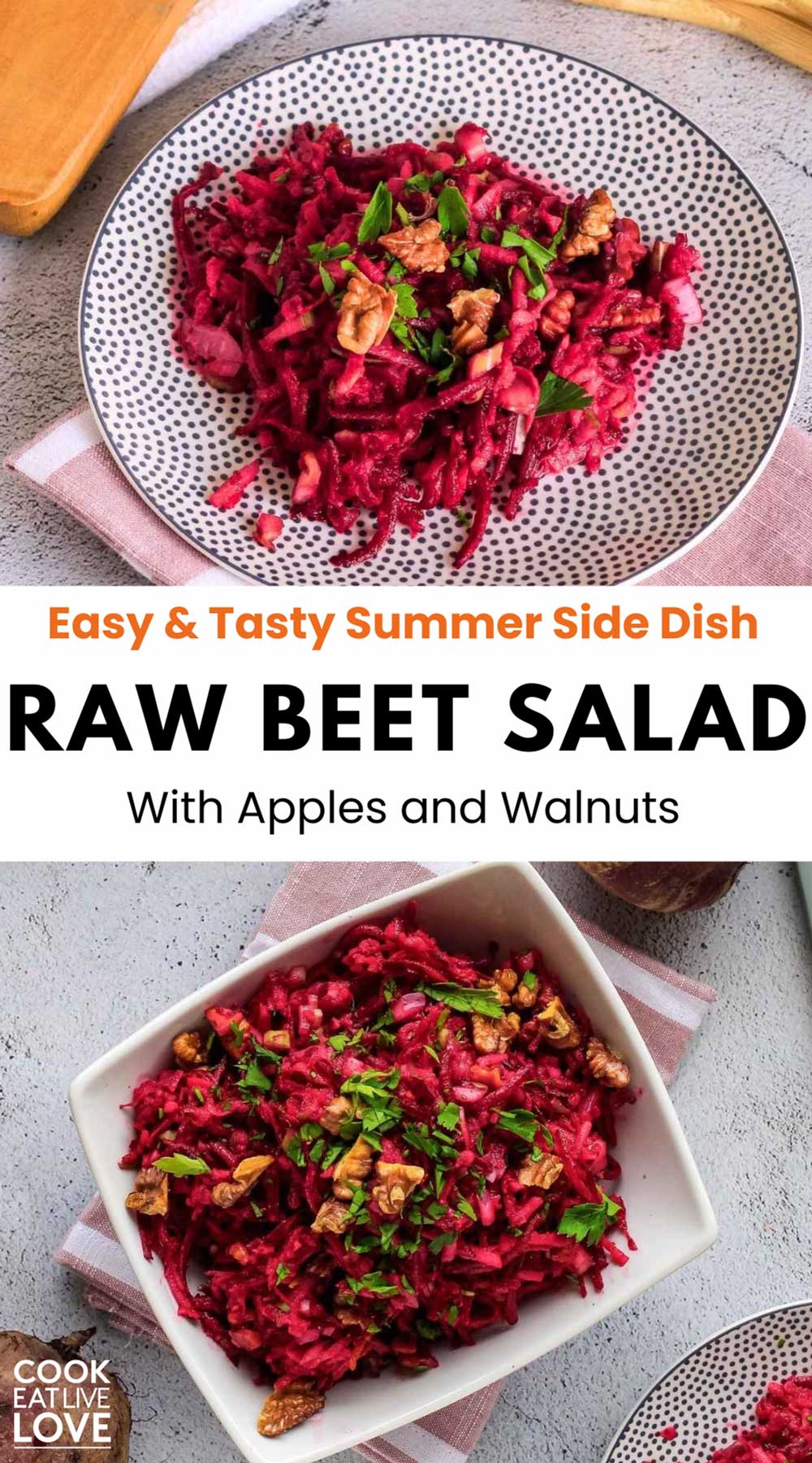 Pin for pinterest with overhead view of plate of beetroot apple salad ready to eat.