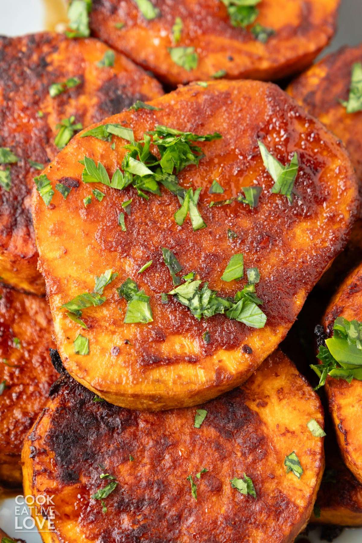 Basalmic miso sweet potatoes on a pan fresh from the oven.