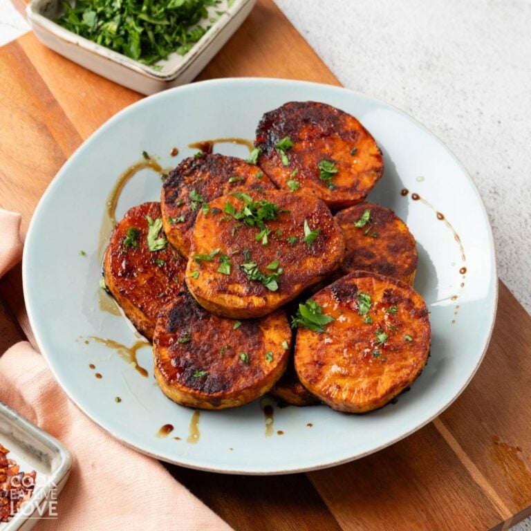 Bowl of balsamic miso sweet potatoes ready to eat.