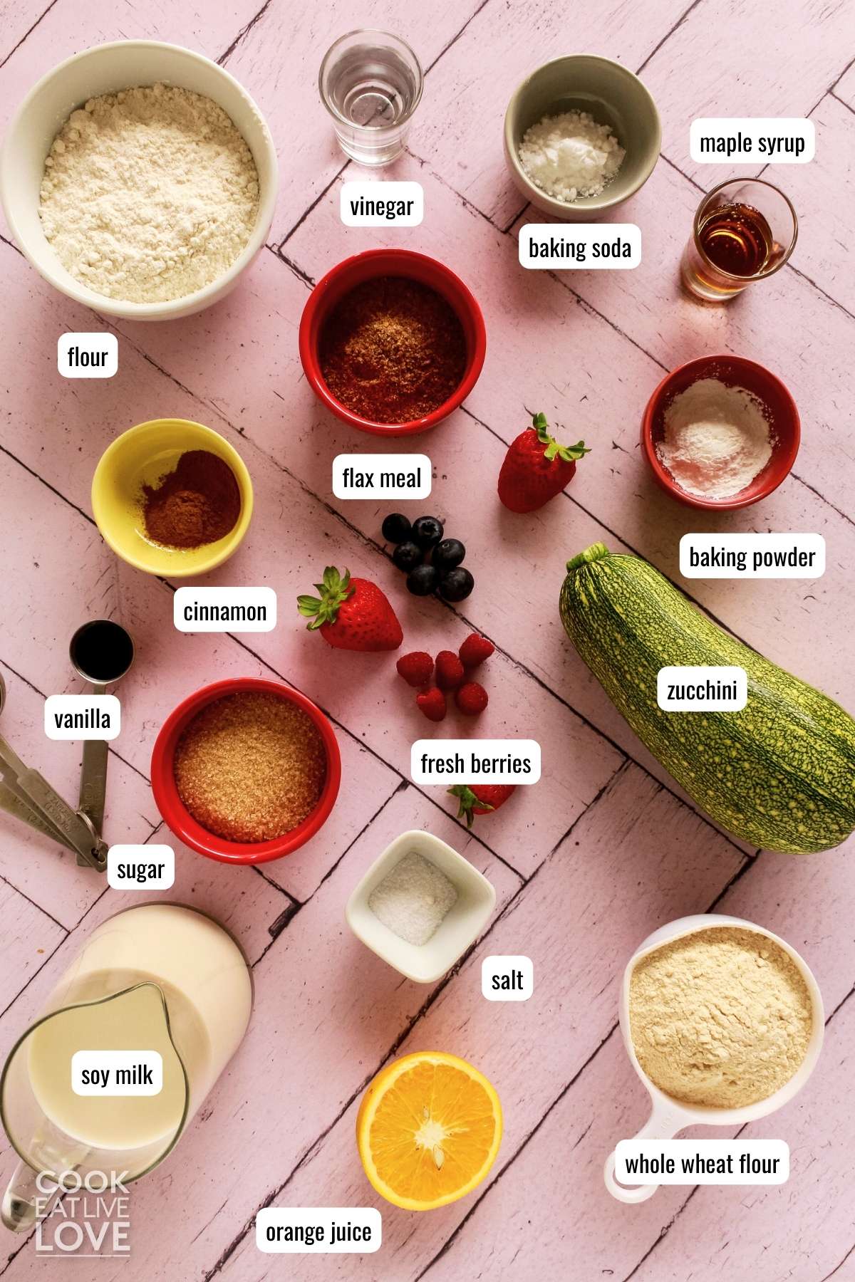 Ingredients needed for making sheet pan pancakes laid out before preparing.