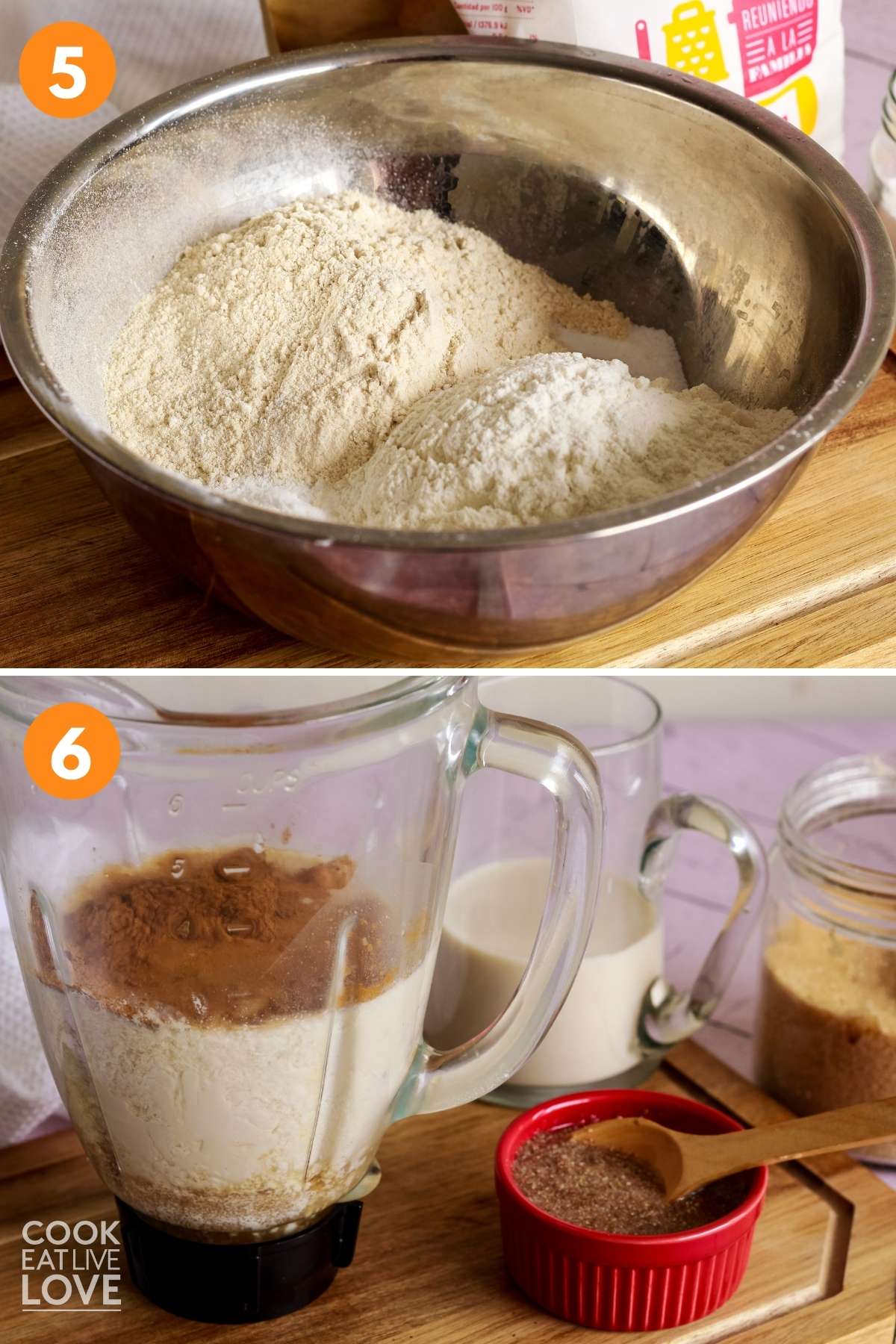 A collage of dry ingredients in a bowl and the wet ingredients in the blender.