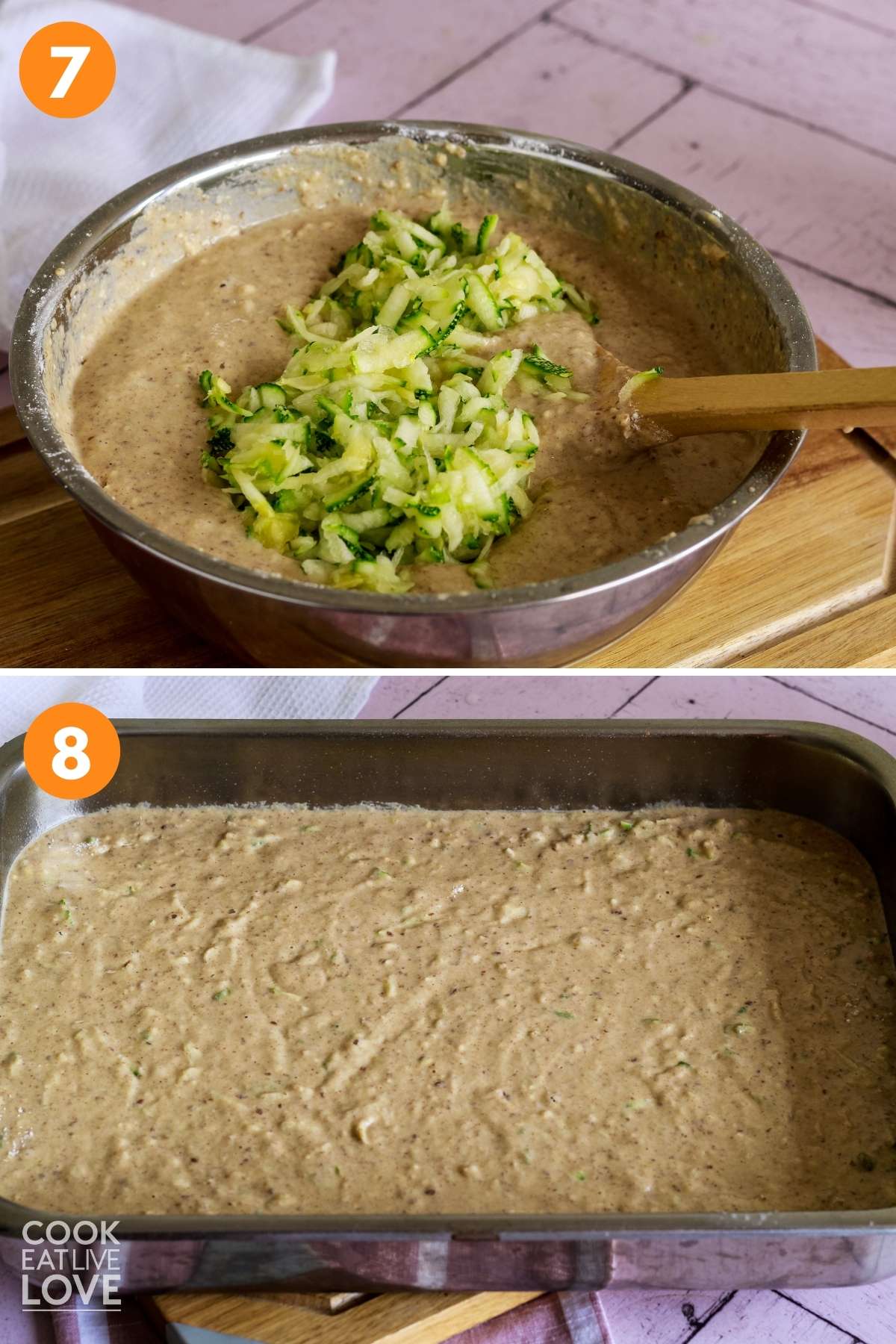 A collage of pancake batter in a bowl with zucchini added to bowl and then poured into a pan to bake.