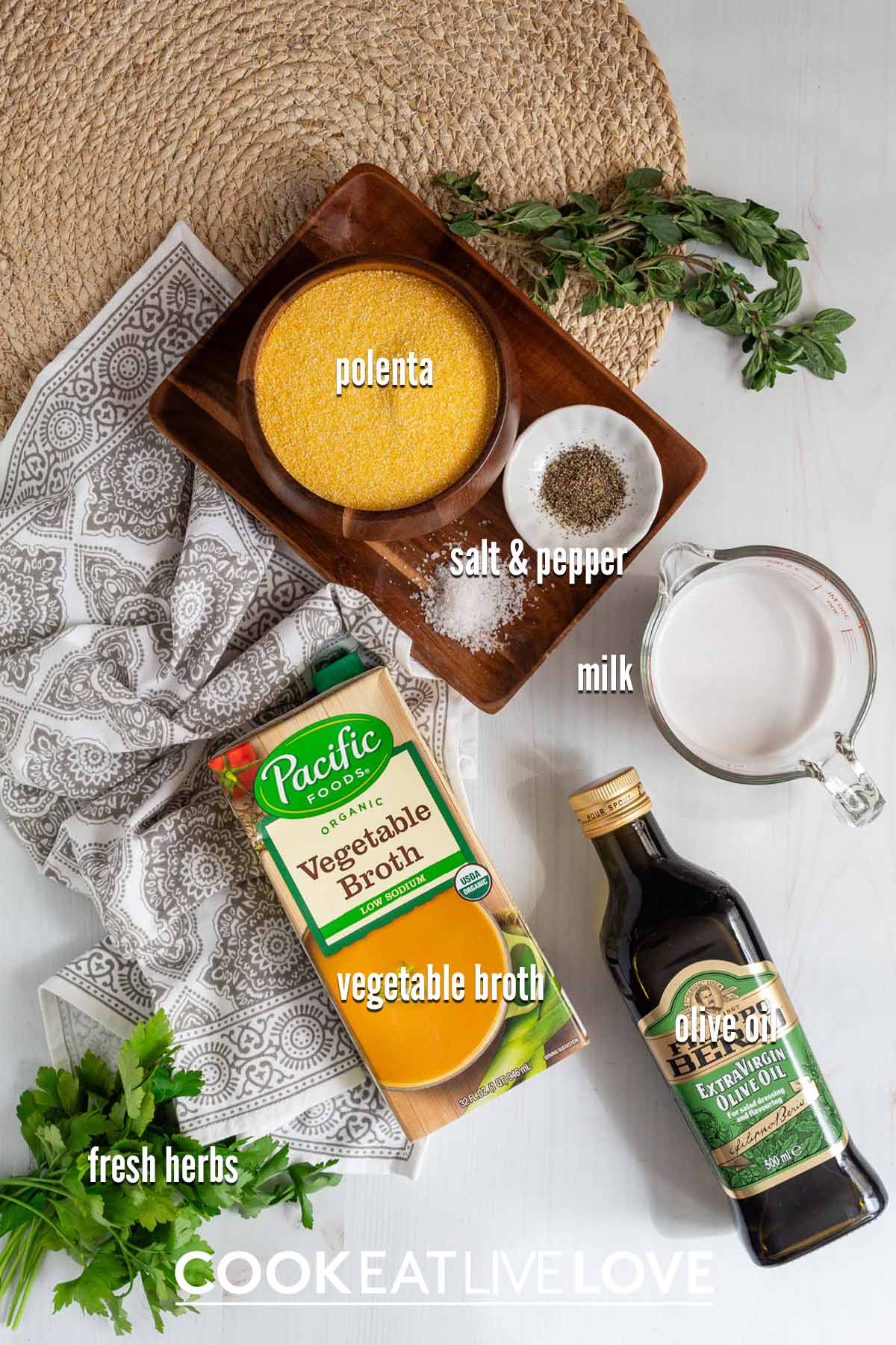 Ingredients to make creamy polenta in the slow cooker on the table.
