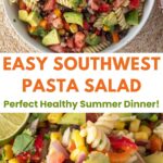 Pin for pinterest graphic with multiple images of pasta salad and text