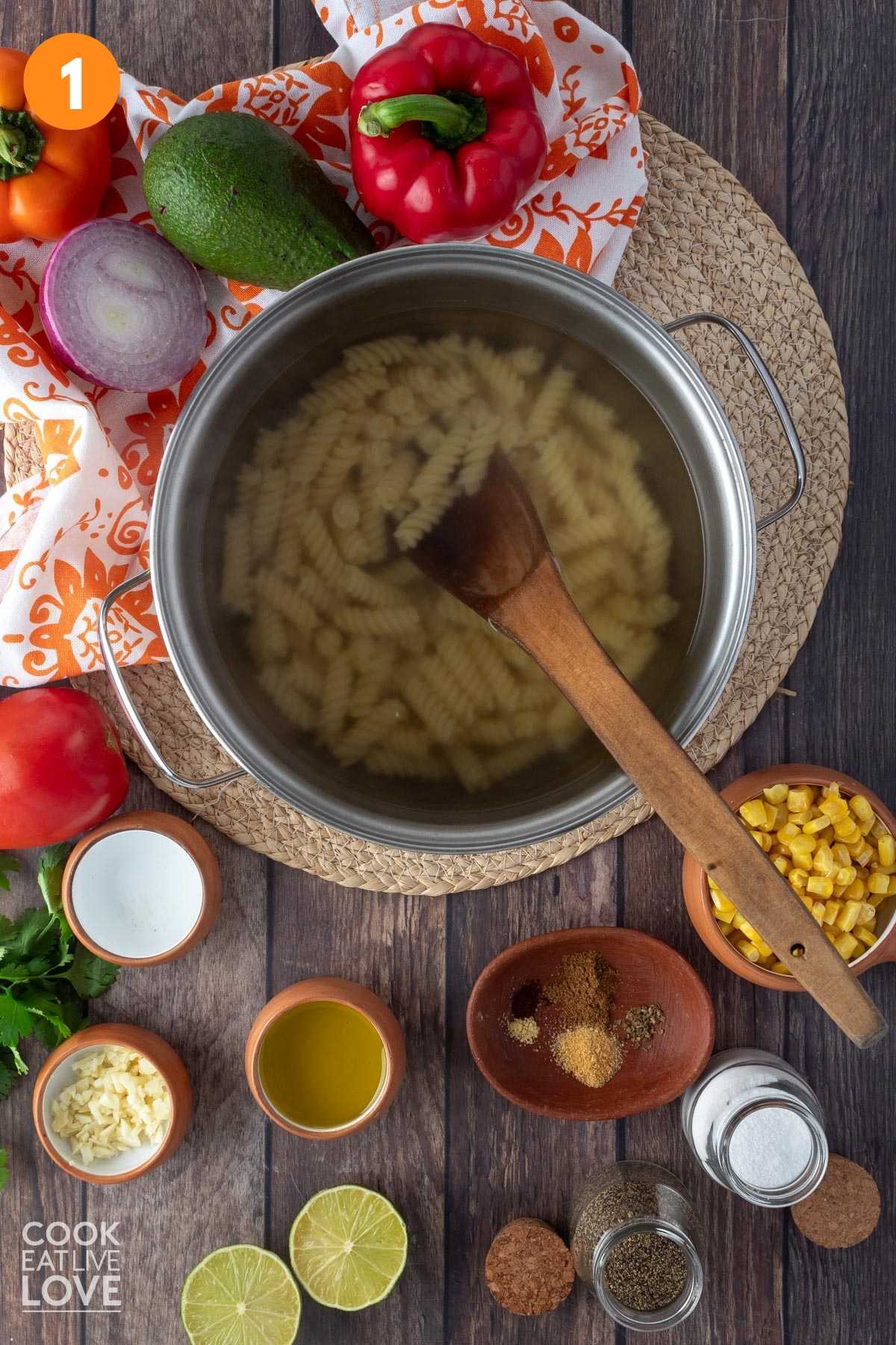 Pasta cooking in a pot.