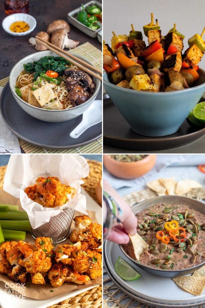 A collage of four different spicy vegetarian recipes including ramen, skewers, buffalo cauliflower, and a bean dip.
