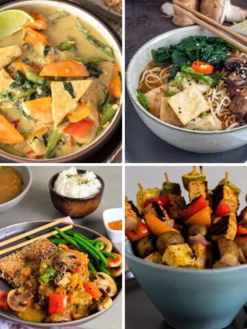 Spicy vegetarian recipes photo collage with four different dishes.