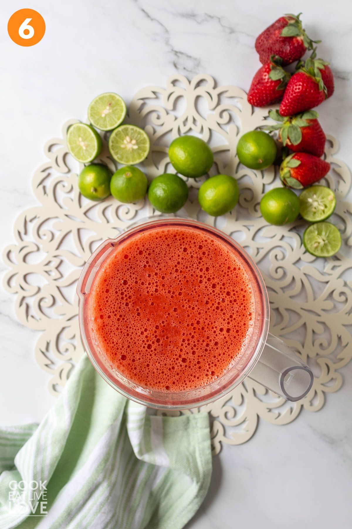 Blended strawberry limeade in the blender.