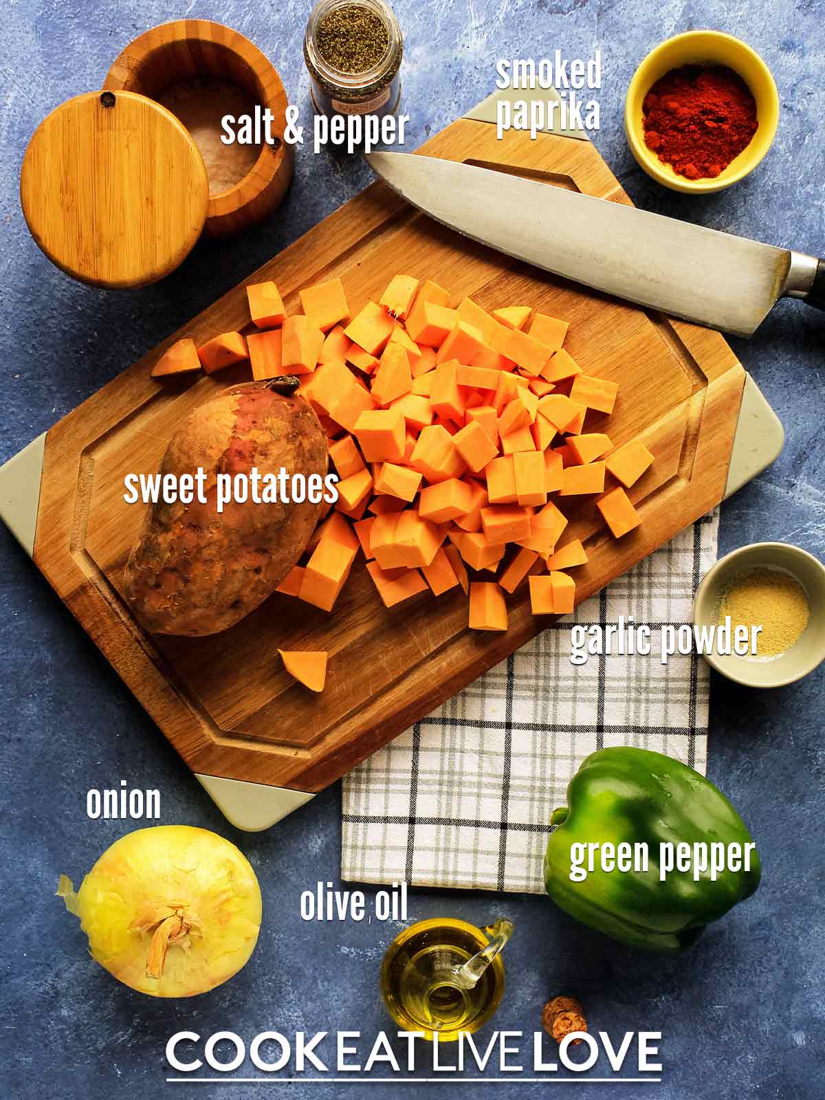Ingredients to make sweet potato hash on the table before making.