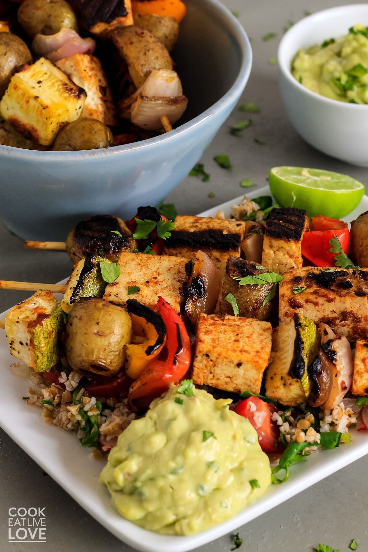 Tofu skewers on a plate ready to eat with a scoop of avocado sauce on the plate.