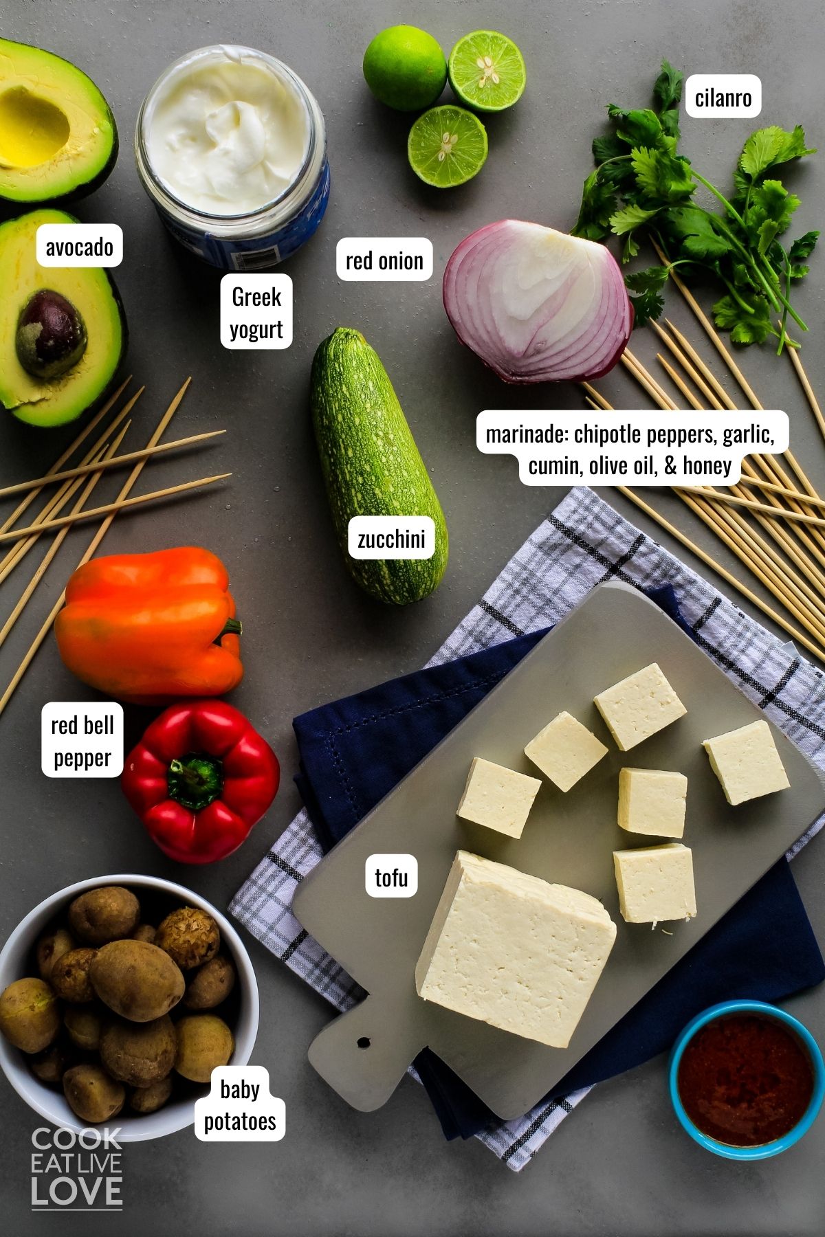Ingredients to make grilled tofu skewers on the table with text labels.