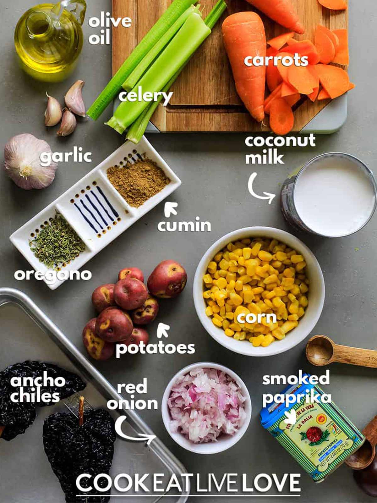 Ingredients to make vegan chowder on the counter before cooking.