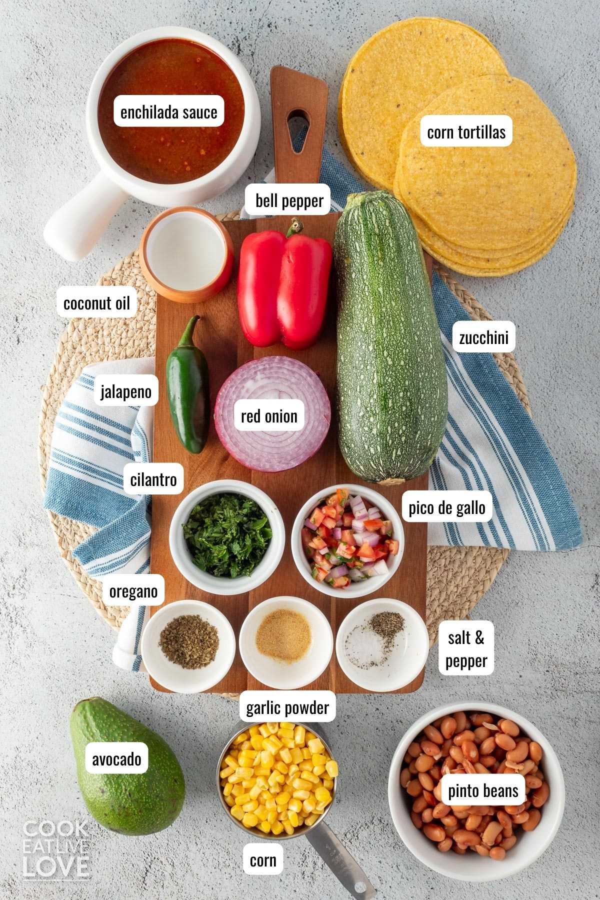 Ingredients to make vegan enchilada casserole on the table before preparing.