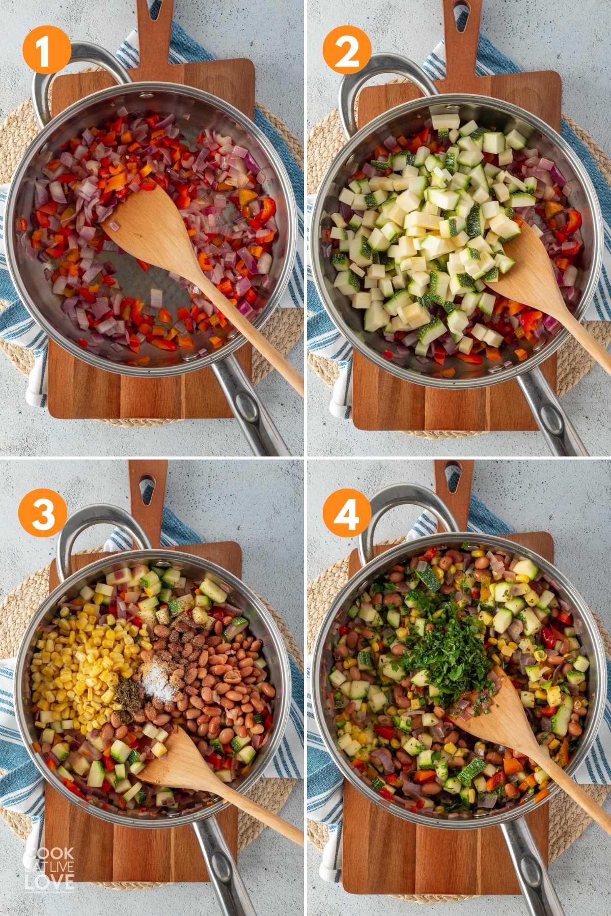 A collage of images showing the steps for making the vegetable filling for the enchilada casserole.