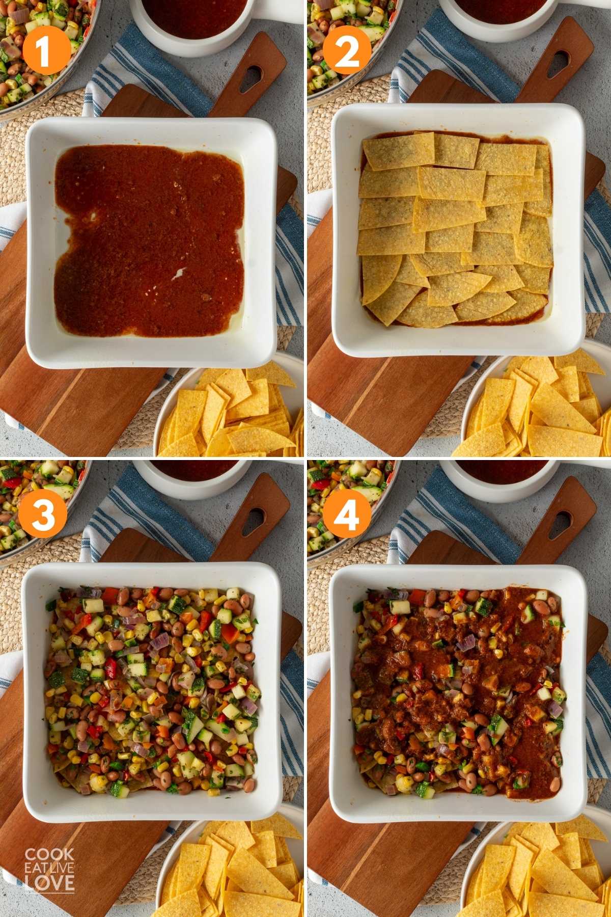 A collage showing the steps for layering the vegan casserole.