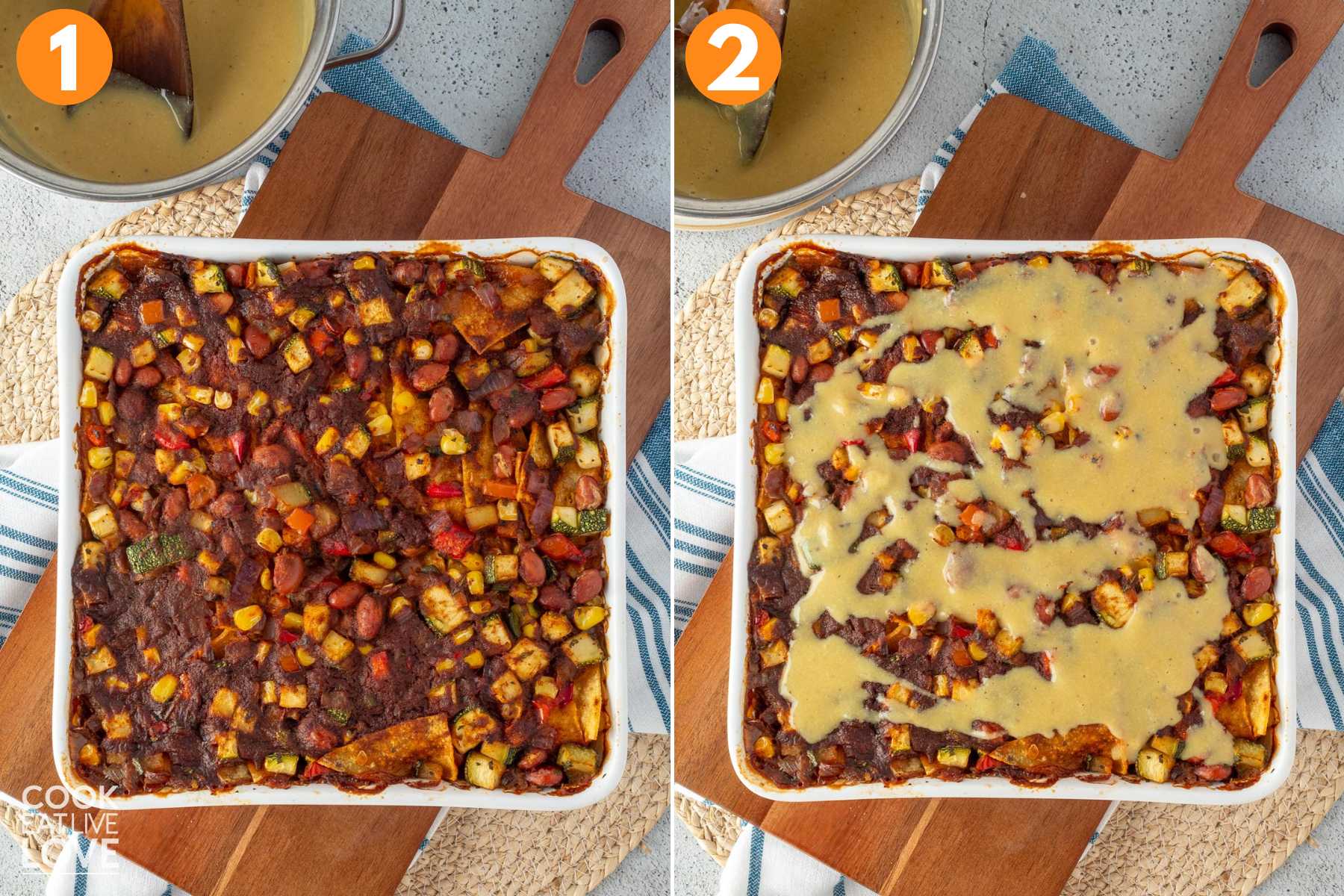A collage showing the casserole after baking and then topped with the cheese sauce.