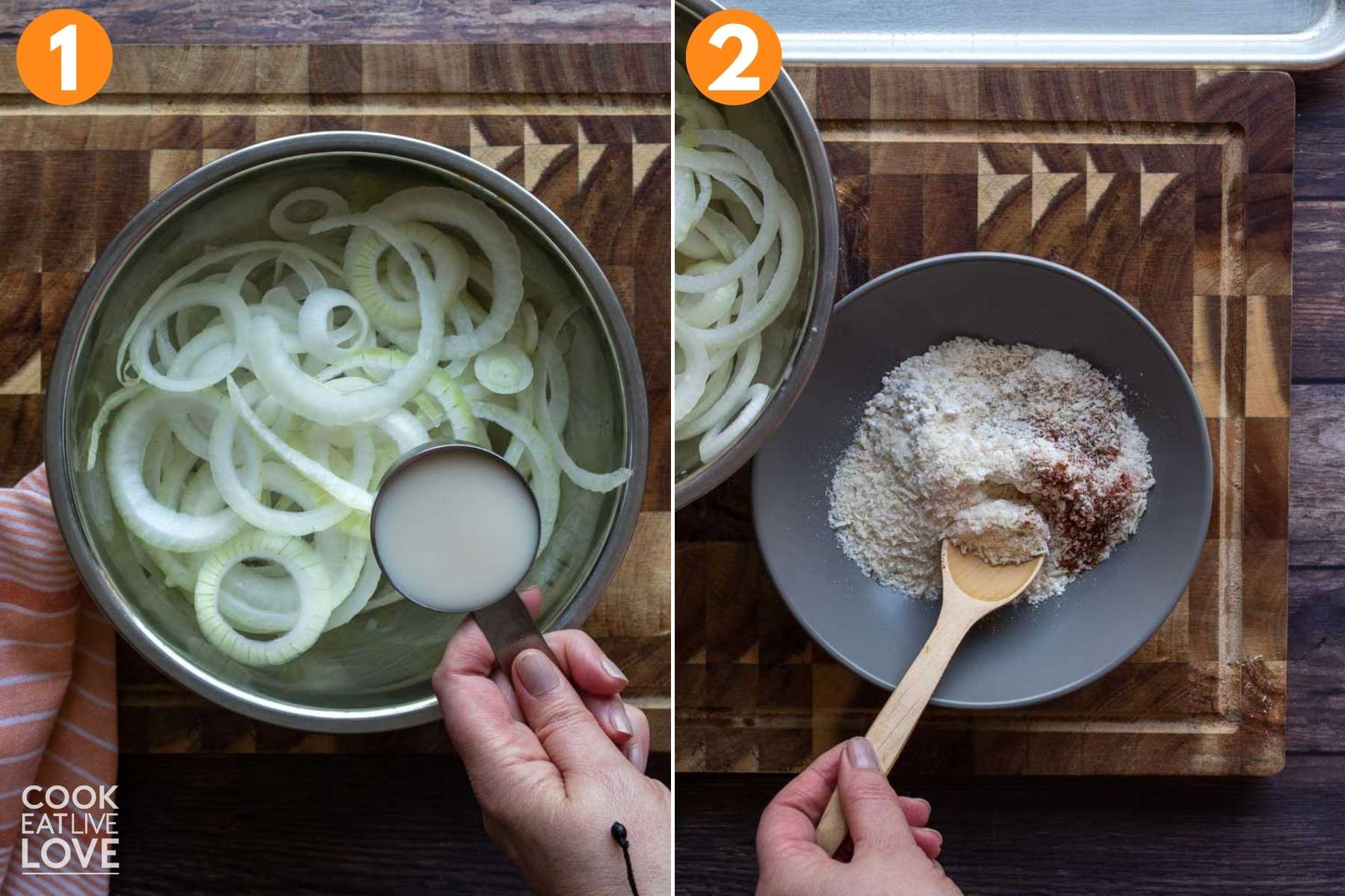A collage of adding the milk to the onions to soak and mixing the breading ingredients.
