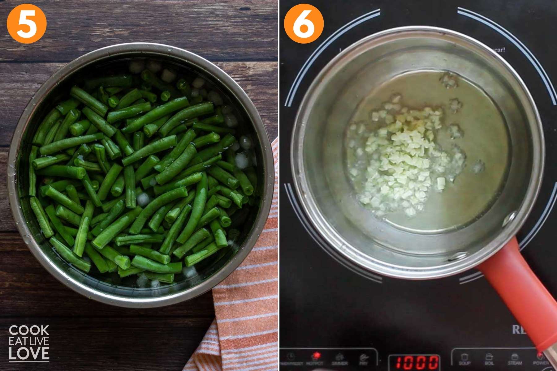 Green beans in a pan with water and garlic cooking in a saucepan.