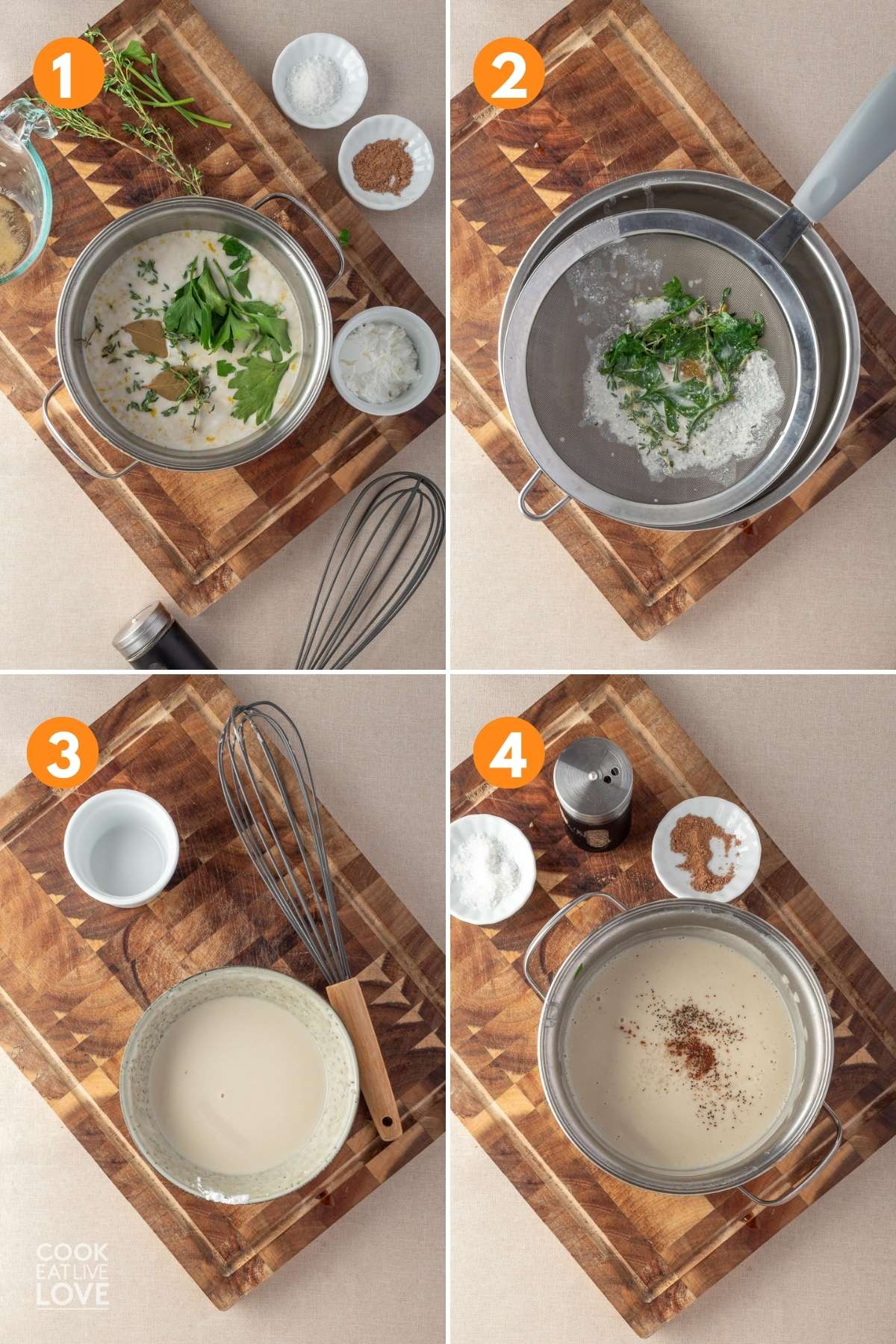 A collage of images showing how to make the vegan cream sauce.