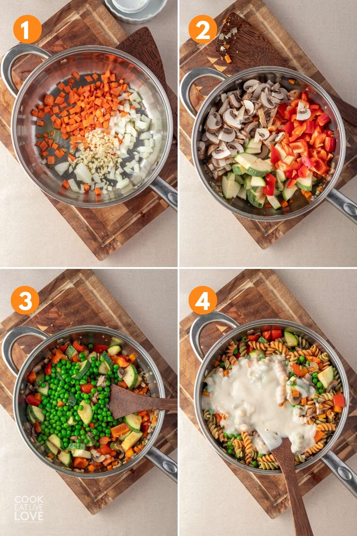 A collage showing cooking the vegetables and then adding the sauce.