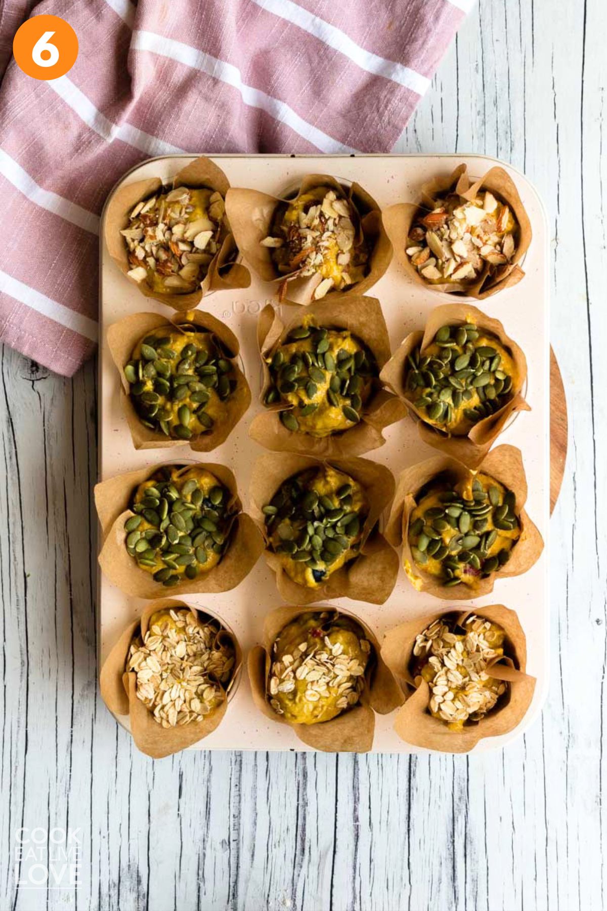 Toppings added to the muffins in the pan before baking.