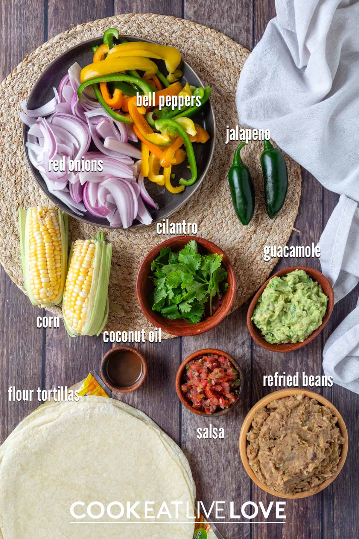 Ingredients to make refried bean quesadillas recipe with text labels.