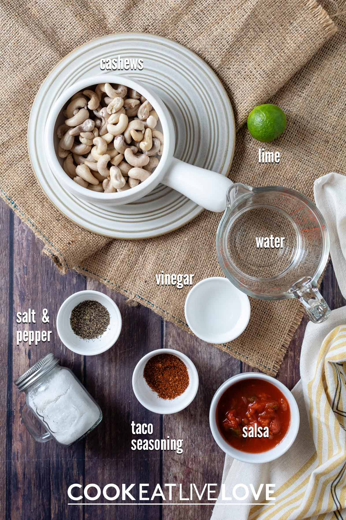 Ingredients to make the cashew taco salad dressing for a vegan taco salad.