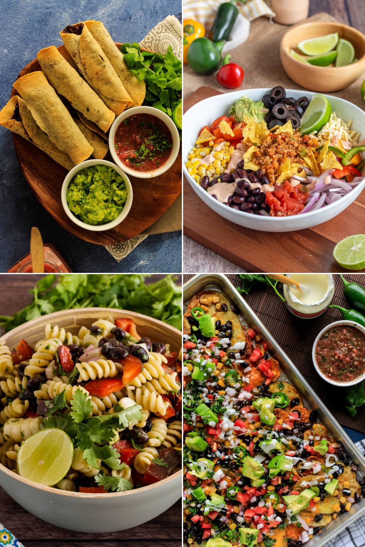 A collage of images of recipes made with black beans including taquitos, taco salad, pasta salad, and potato nachos.