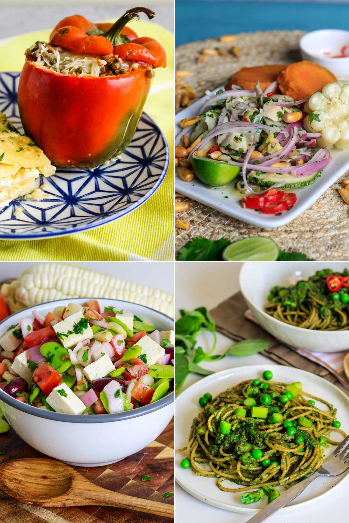A collage of peruvian dishes such as rocoto relleno, ceviche, salad and green spaghetti.