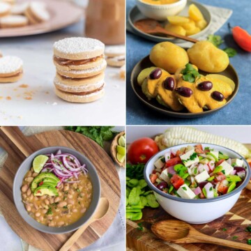 Collage of peruvian vegetarian recipes such as alfajores, huancaina, beans, solterito salad.
