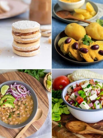 Collage of peruvian vegetarian recipes such as alfajores, huancaina, beans, solterito salad.