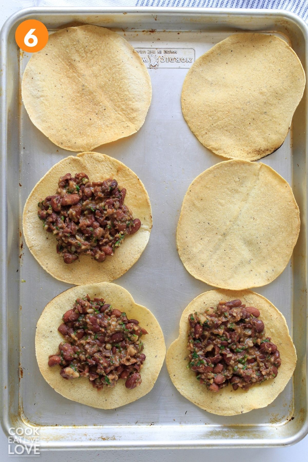 Baked tostadas topped with bean mixture.