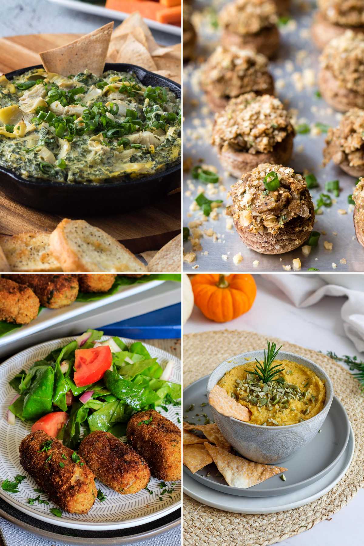 Vegetarian holiday recipes photo collage of four appetizer recipes including spinach dip, stuffed mushrooms, croquettes, and pumpkin dip.