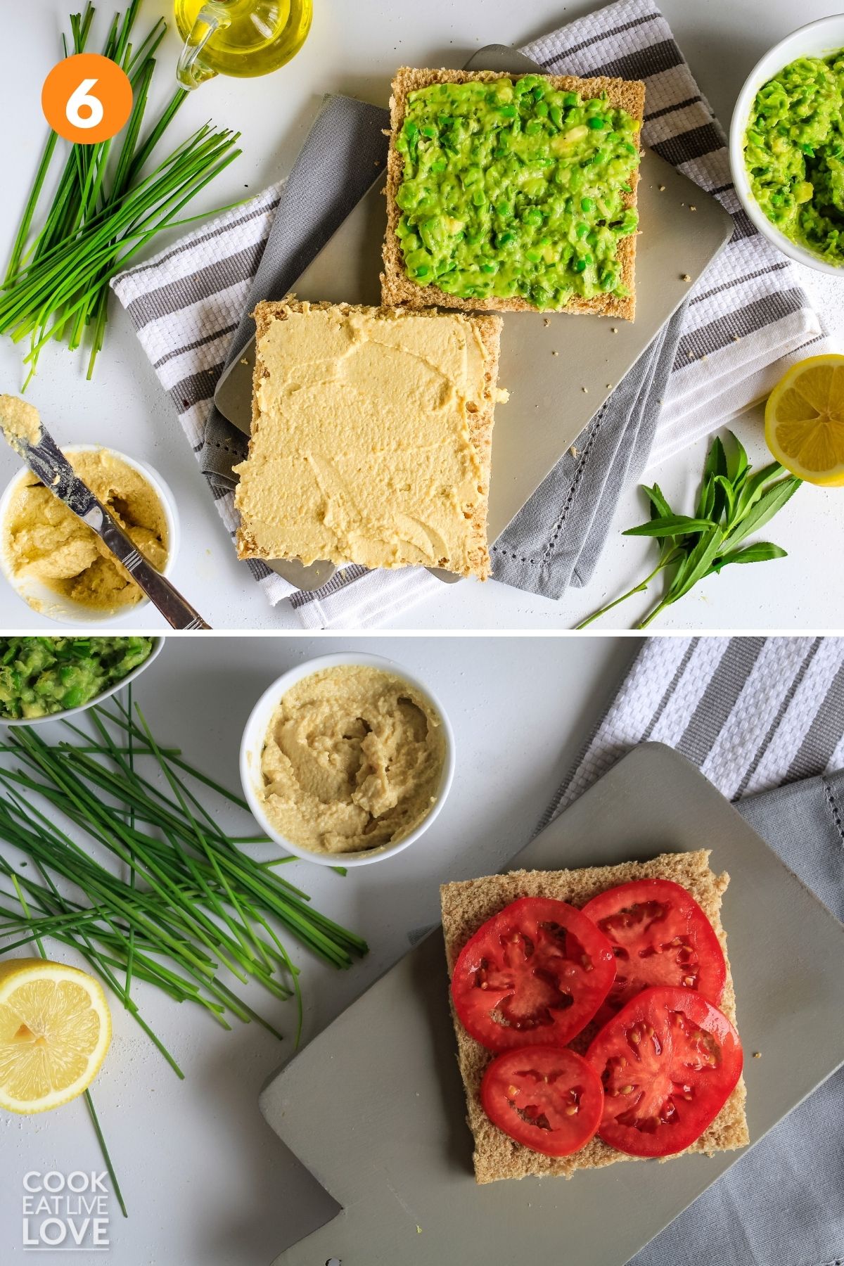 A collage showing bread on a plate topped with pea avocado spread and hummus and another topped with tomato.